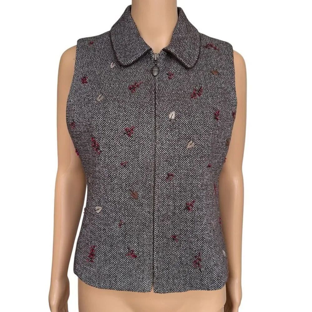 Talbots vintage wool-blend herringbone vest embroidered leaves berries sz Sp